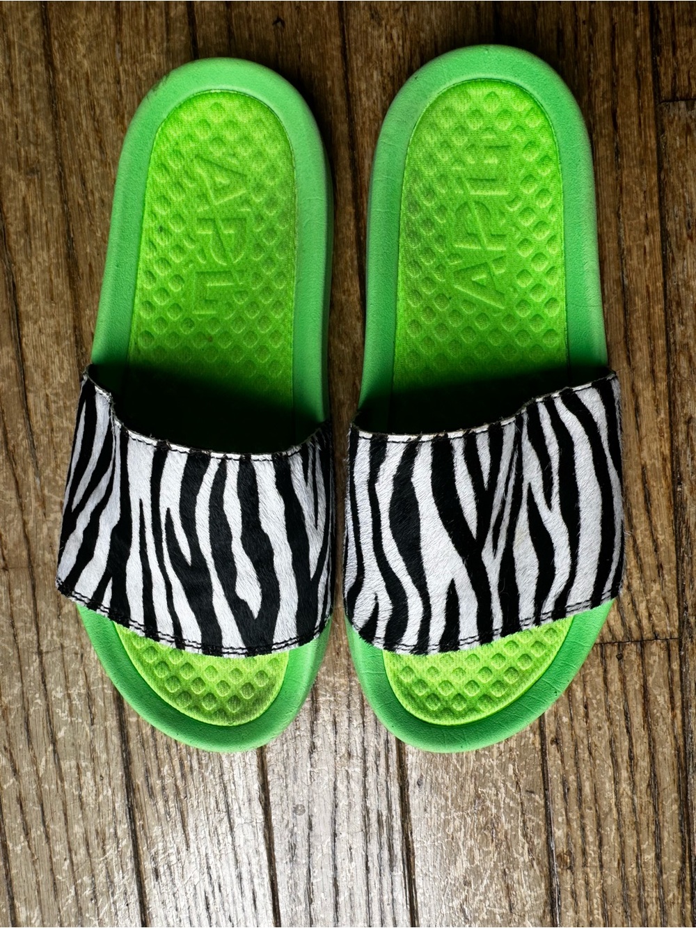 APL Neon Green Slide Sandals with Black and White Zebra Strap